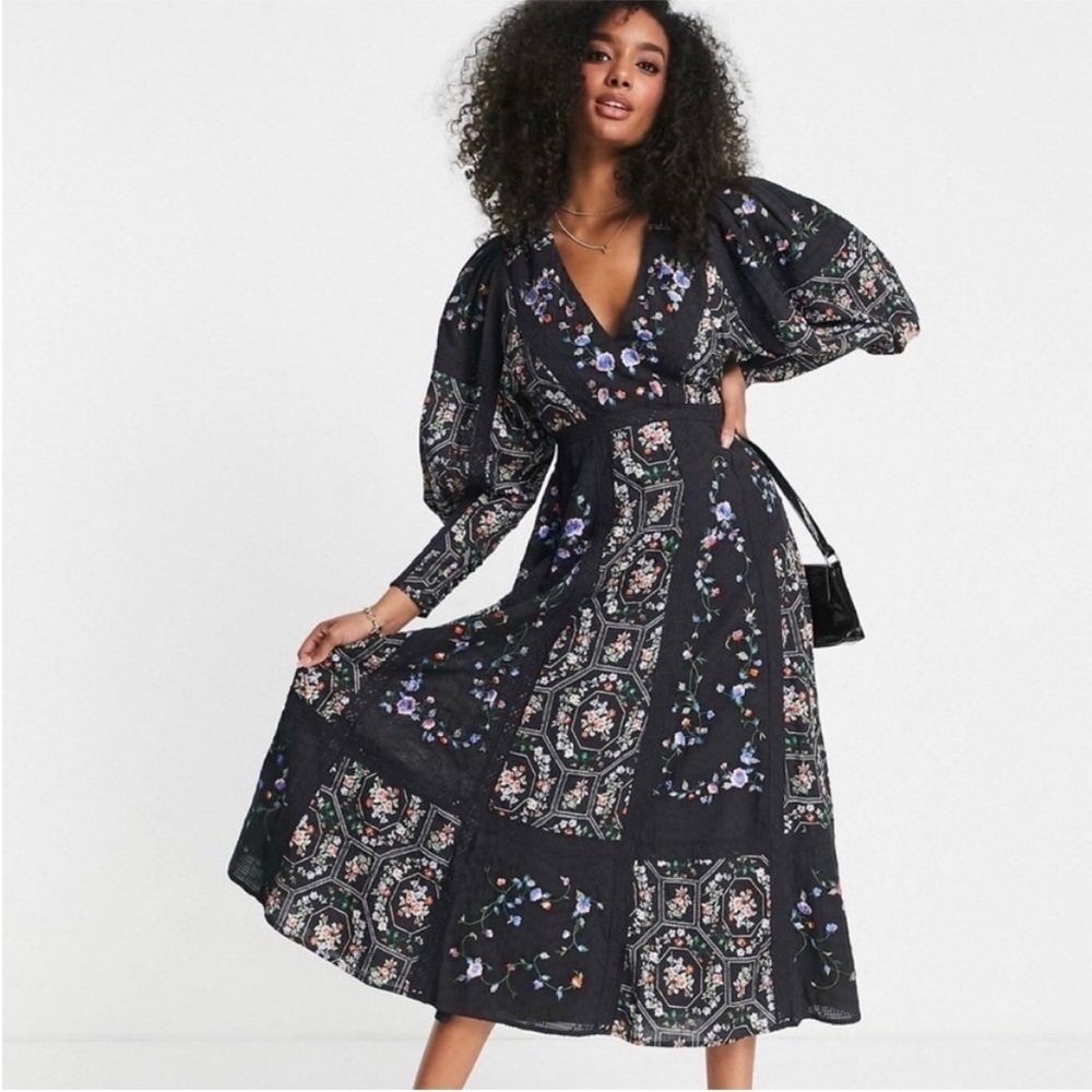 ASOS Edition Floral Embroidered Midi Dress Lace Inserts Black Size 6 NEW